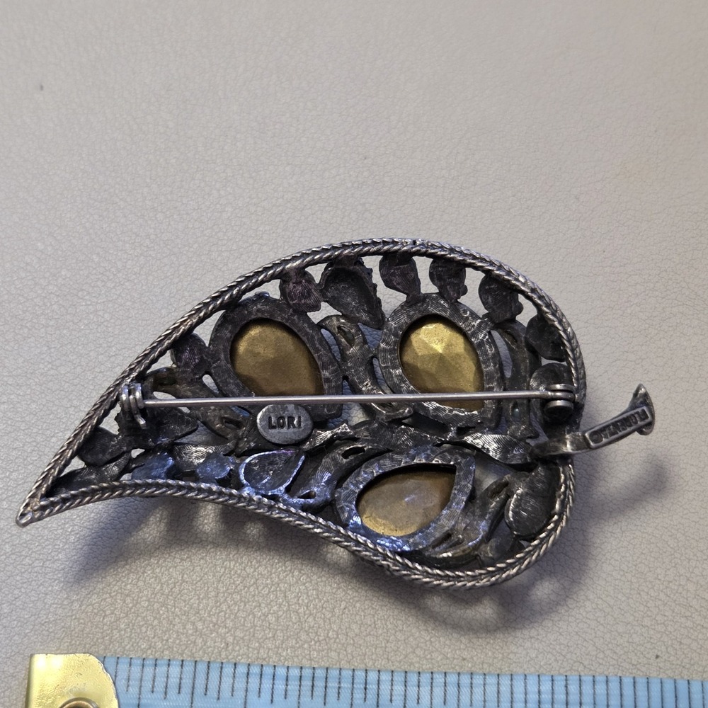 Vintage FLORENZA Signed Blue Vitrail Rhinestone Faux Pearls Leaf Brooch AS IS - Picture 4 of 5